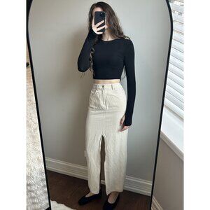 High-Waist Cream Midi Skirt with Front Slit